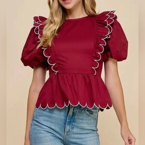 TCEC Alina Scalloped Detail Round Neck Top Size Small NWT